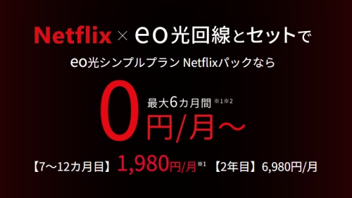 「eo光シンプルプラン Netflixパック」0円（最大6か月間）